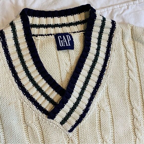 Vintage 90s GAP striped cable knit cotton v neck varsity Sweater MEDIUM - Picture 4 of 8